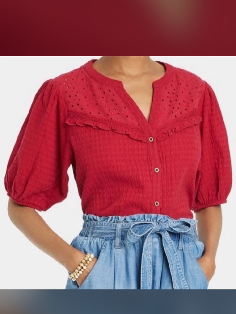 Knox rose red puff sleeve eyelet top